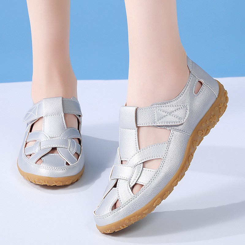 Women's Summer Sandals - Solid Color, Breathable Cut-Out Design, Flat Heel