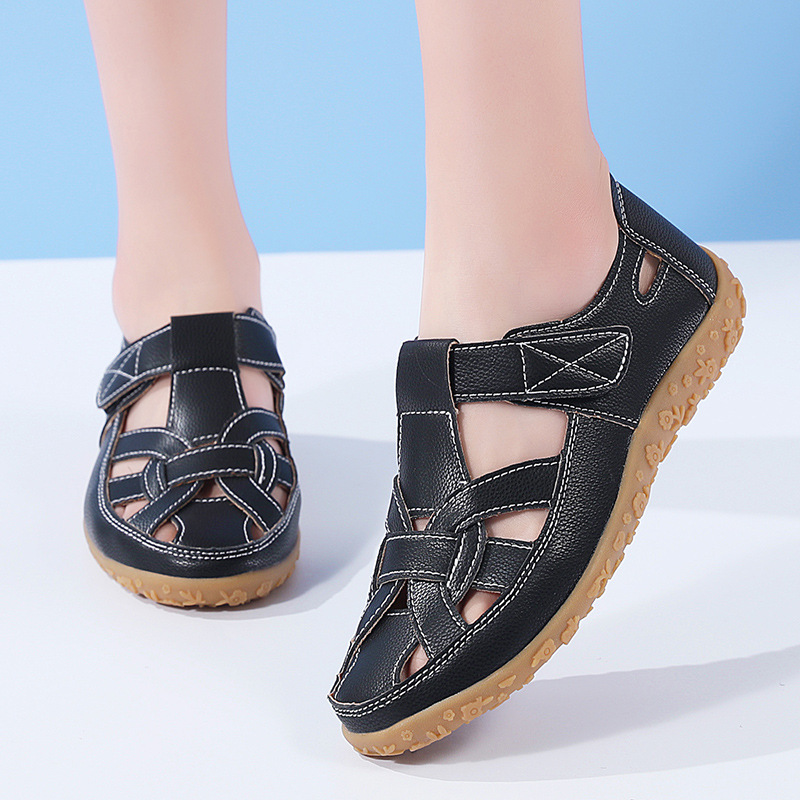 Women's Summer Sandals - Solid Color, Breathable Cut-Out Design, Flat Heel