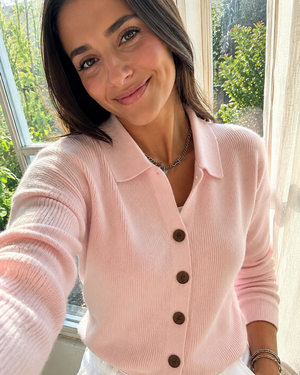 Customer Mia wearing Pink Cardigan
