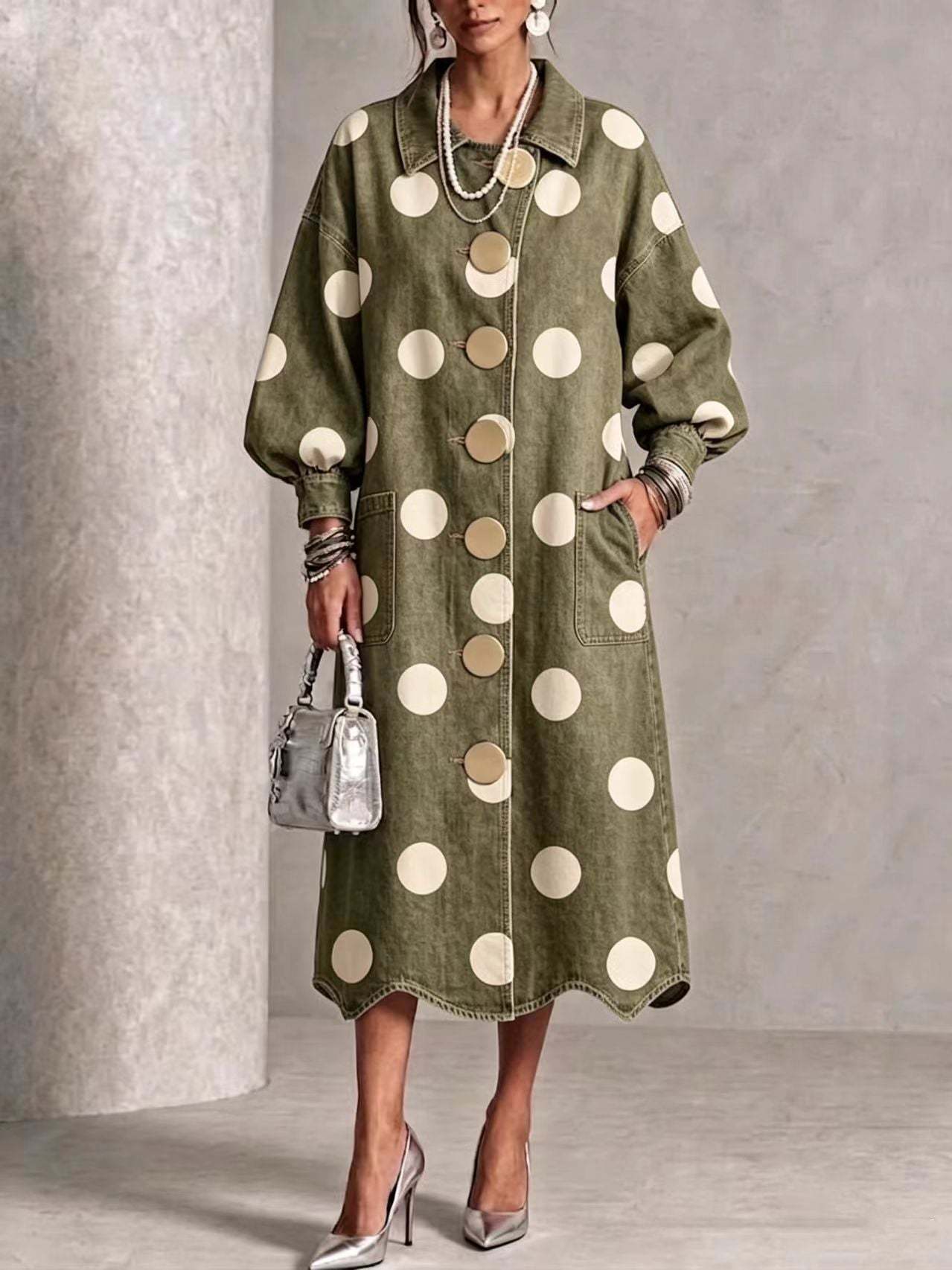 🤲LAST DAY SAVE 49% ⏰Collared Polka-dot Denim Dress With Gold Buttons, Lantern Sleeves, And Ruffled Hem