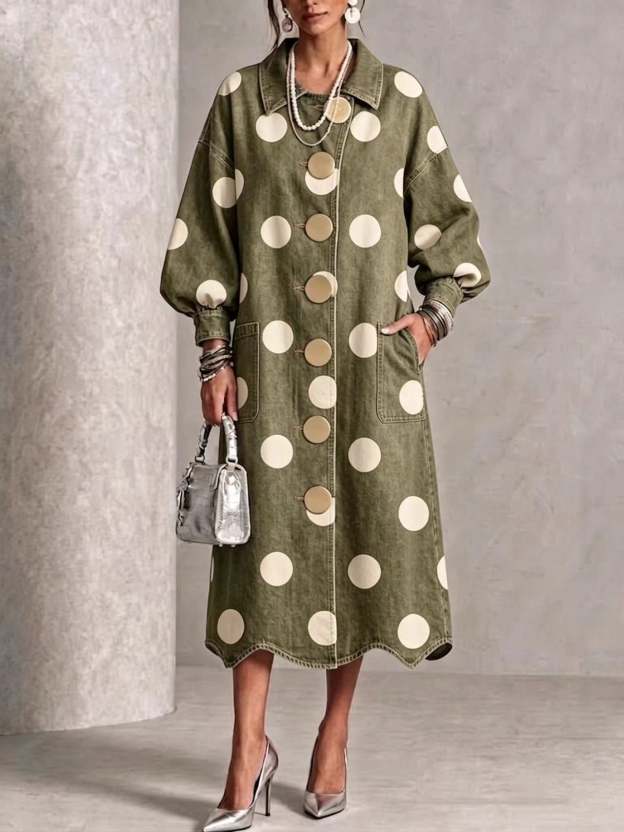 🤲LAST DAY SAVE 49% ⏰Collared Polka-dot Denim Dress With Gold Buttons, Lantern Sleeves, And Ruffled Hem
