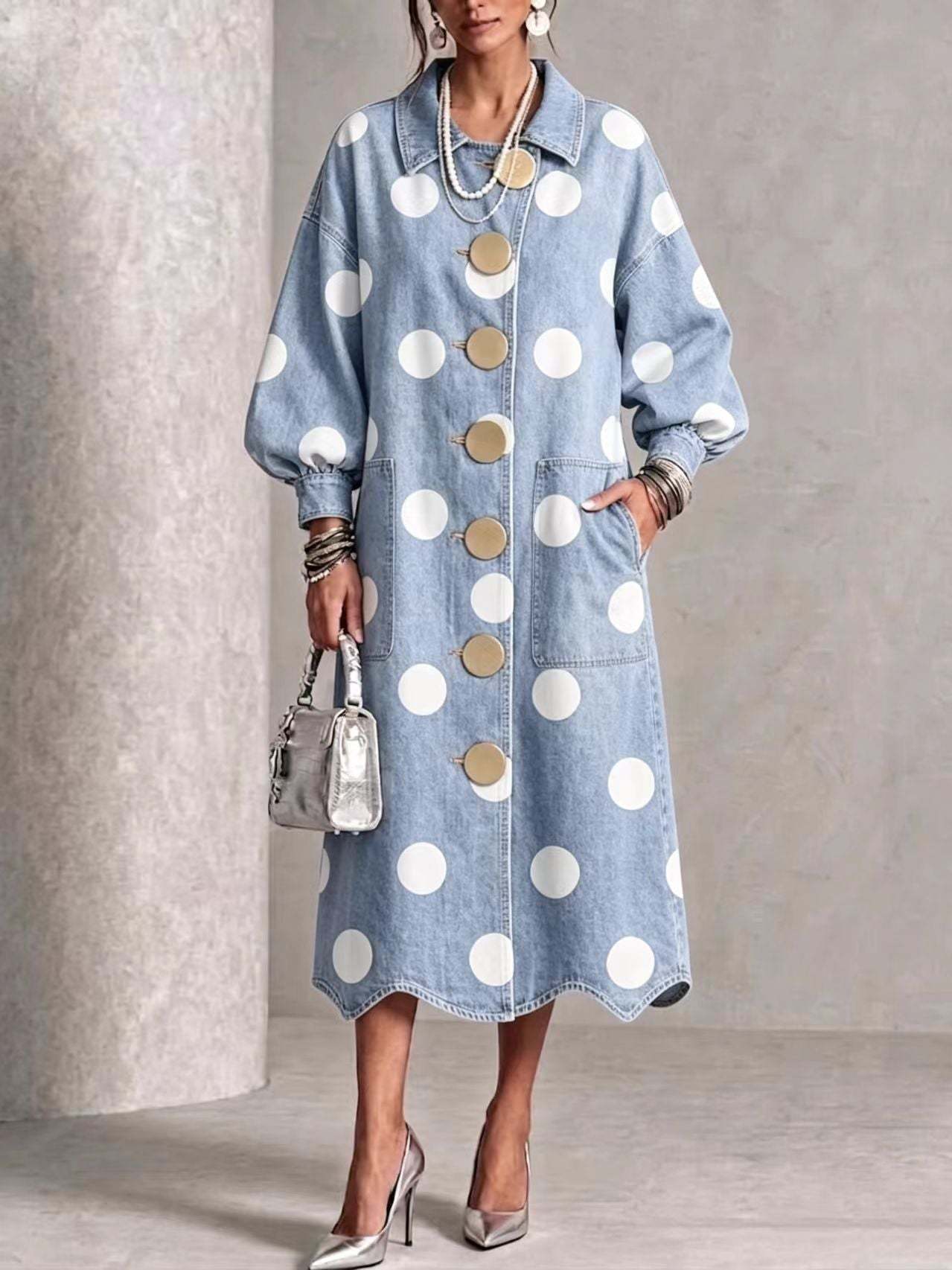 🤲LAST DAY SAVE 49% ⏰Collared Polka-dot Denim Dress With Gold Buttons, Lantern Sleeves, And Ruffled Hem
