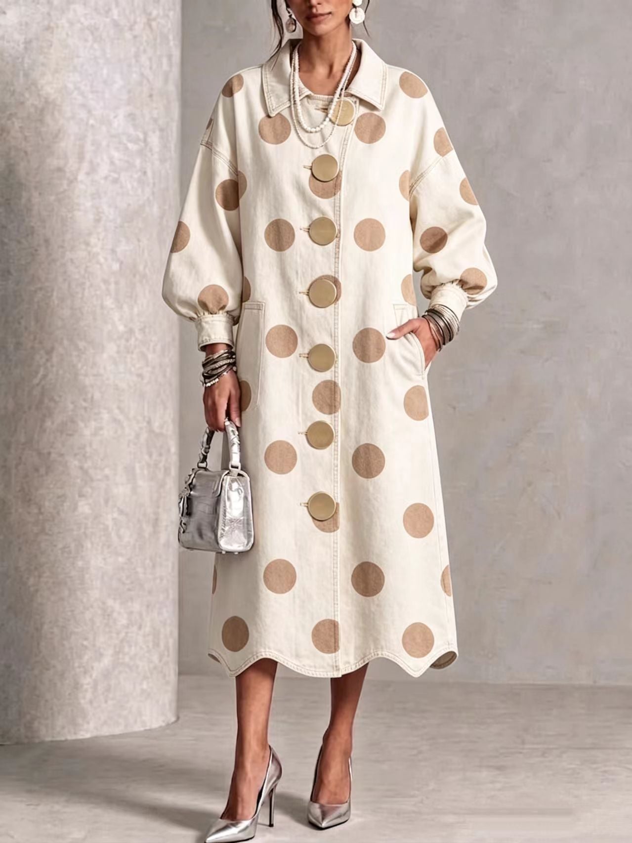 🤲LAST DAY SAVE 49% ⏰Collared Polka-dot Denim Dress With Gold Buttons, Lantern Sleeves, And Ruffled Hem