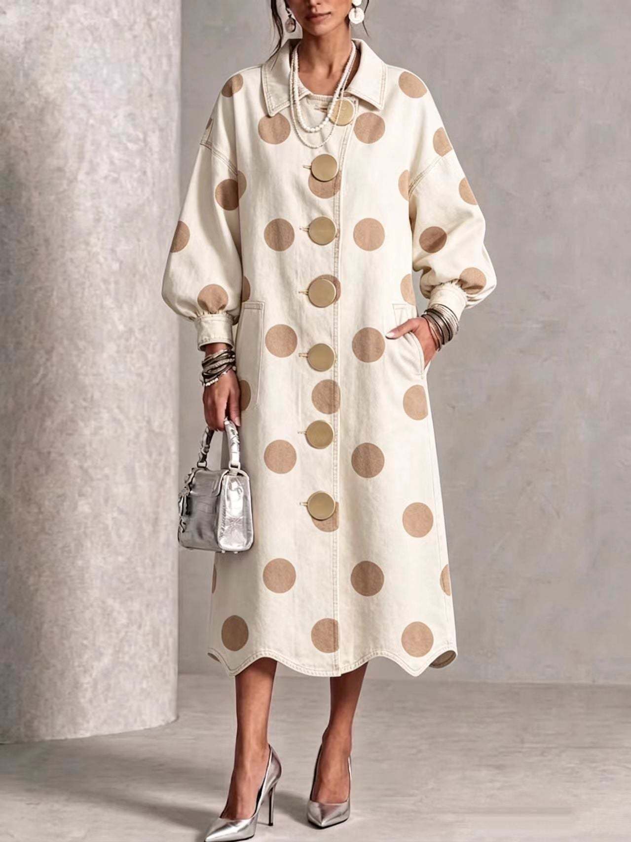 🤲LAST DAY SAVE 49% ⏰Collared Polka-dot Denim Dress With Gold Buttons, Lantern Sleeves, And Ruffled Hem
