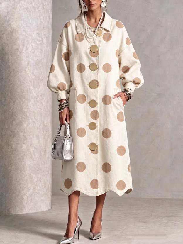 🤲LAST DAY SAVE 49% ⏰Collared Polka-dot Denim Dress With Gold Buttons, Lantern Sleeves, And Ruffled Hem