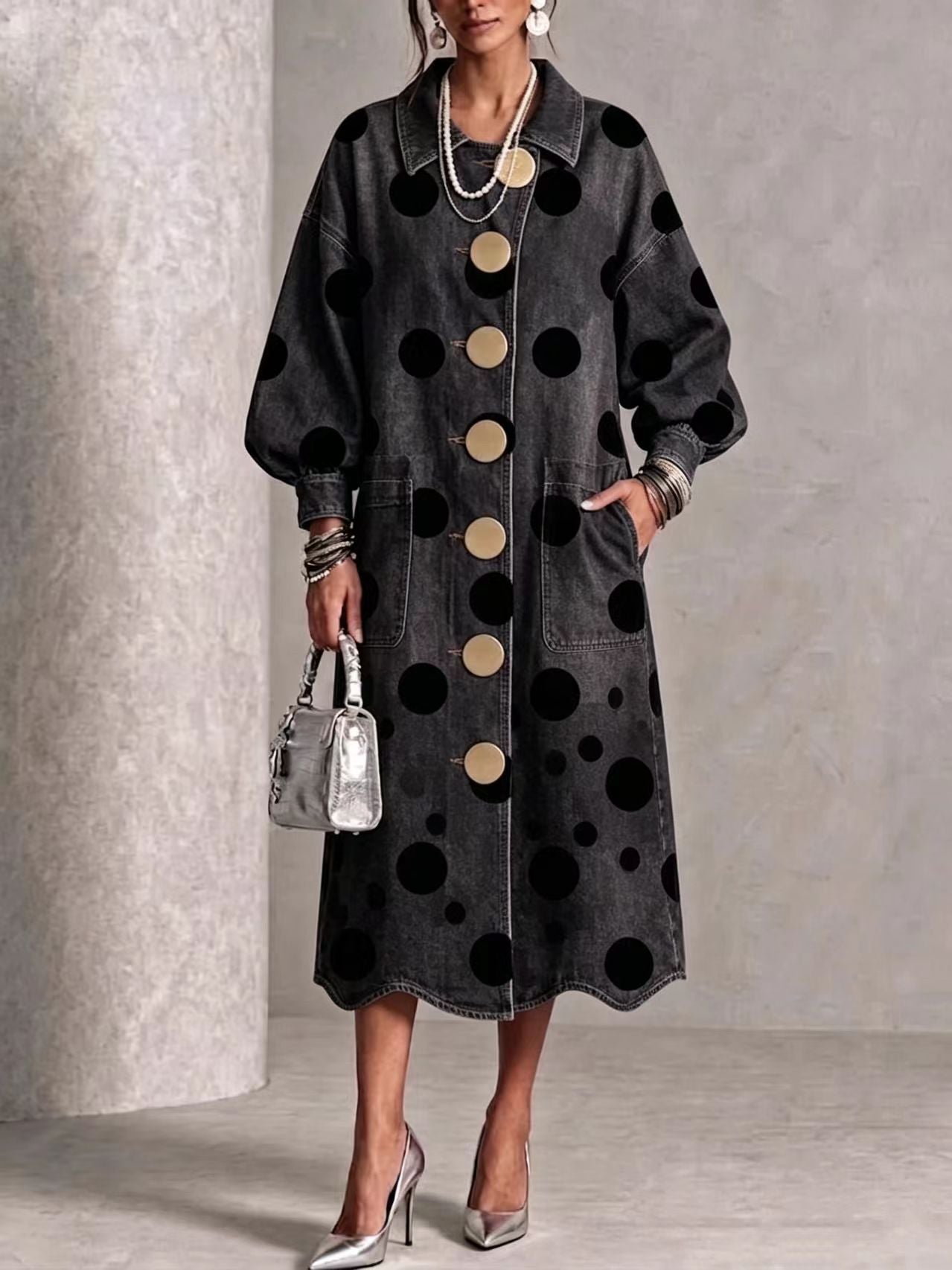 🤲LAST DAY SAVE 49% ⏰Collared Polka-dot Denim Dress With Gold Buttons, Lantern Sleeves, And Ruffled Hem