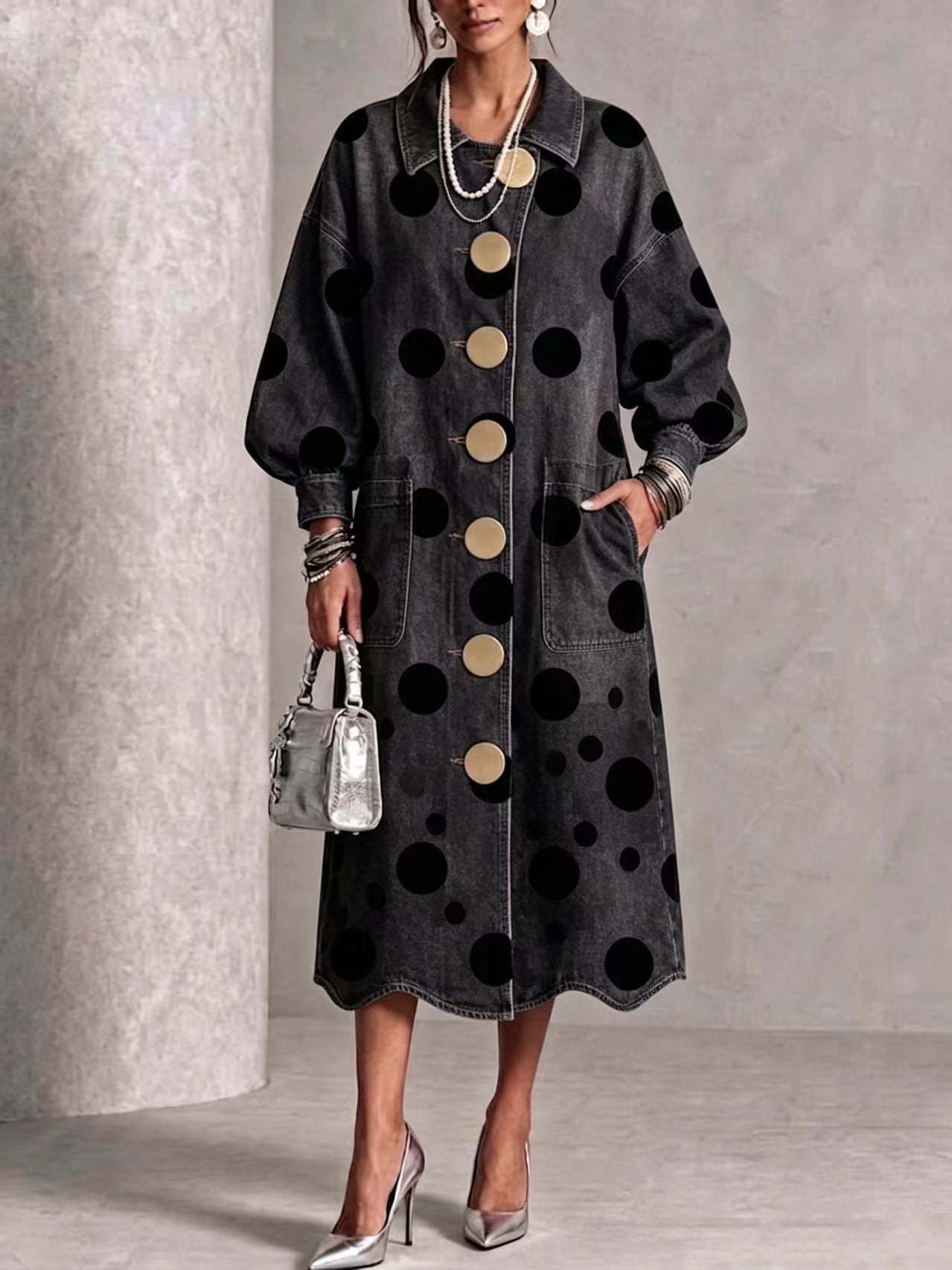 🤲LAST DAY SAVE 49% ⏰Collared Polka-dot Denim Dress With Gold Buttons, Lantern Sleeves, And Ruffled Hem