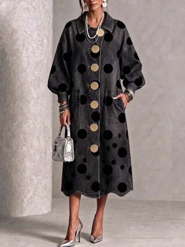 🤲LAST DAY SAVE 49% ⏰Collared Polka-dot Denim Dress With Gold Buttons, Lantern Sleeves, And Ruffled Hem