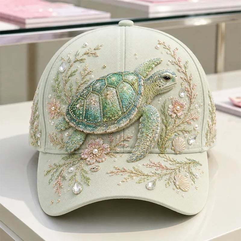 🌊 3D Ocean Creatures Embroidery Cap | Pearl & Crystal Adjustable Hat for Beach, Travel & Everyday Wear