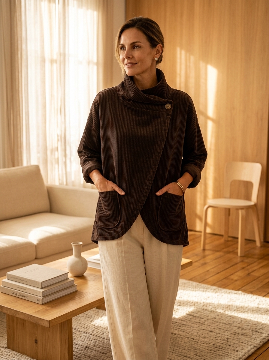 Dark brown asymmetric corduroy top