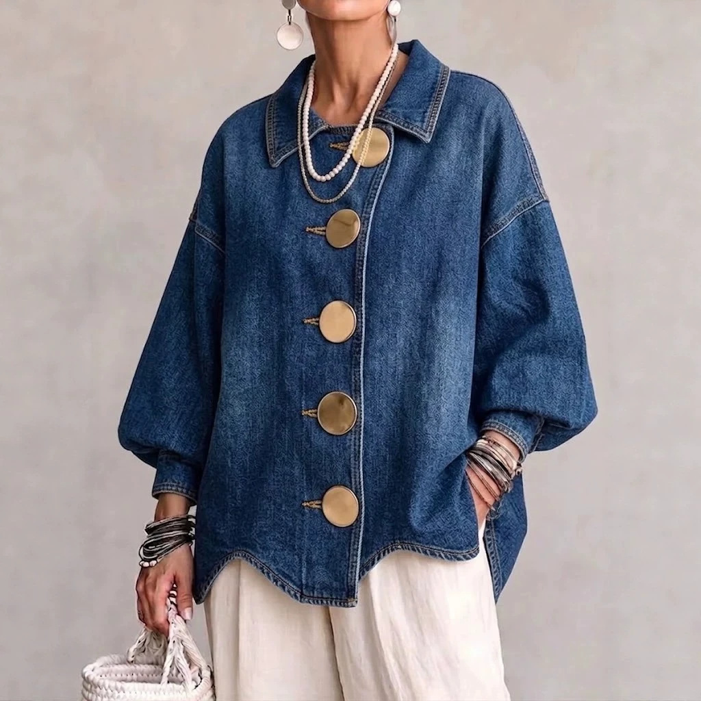 Women's Washed Denim-Look Oversized Shirt Jacket Lapel Collar Button-Up Long Sleeve Loose Blouse