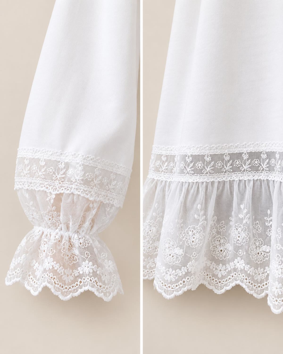 Close-up of the floral lace trim at the sleeve cuff and hem