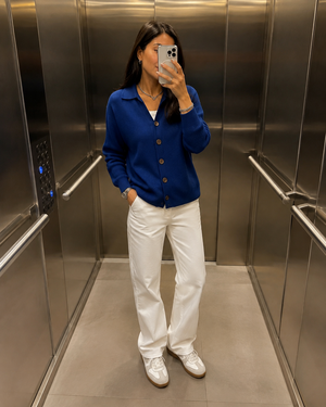 Customer Elena wearing Blue Cardigan