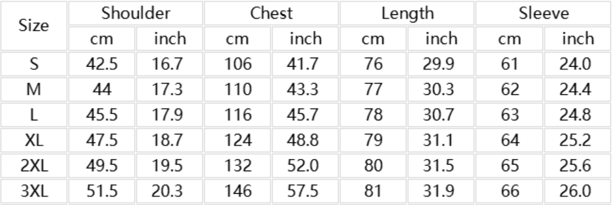 Official Factory Size Chart
