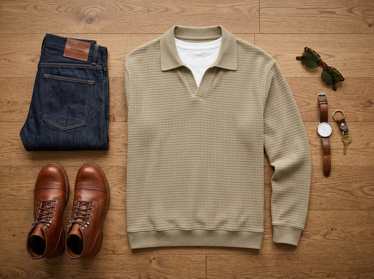 Menswear Flat-Lay Styling: Khaki Corduroy Polo with Selvage Denim, Boots, and Watch