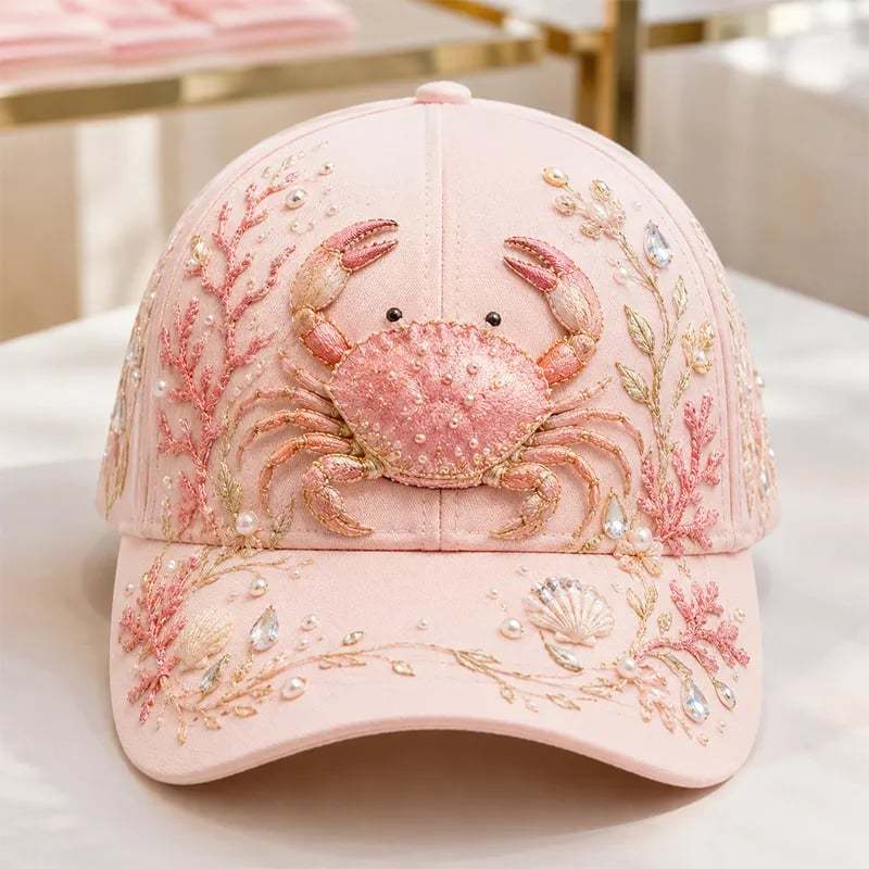 🌊 3D Ocean Creatures Embroidery Cap | Pearl & Crystal Adjustable Hat for Beach, Travel & Everyday Wear