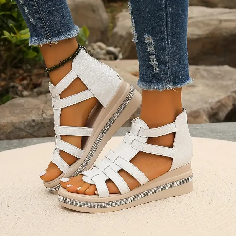 Women's Stylish Cut-out Back Zipper Chunky Wedge Sandals(🔥BUY 2 FREE 