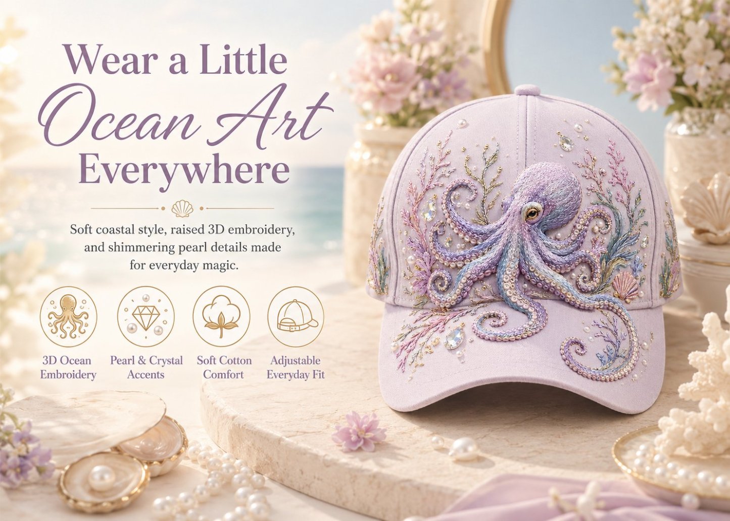 🌊 3D Ocean Creatures Embroidery Cap | Pearl & Crystal Adjustable Hat for Beach, Travel & Everyday Wear