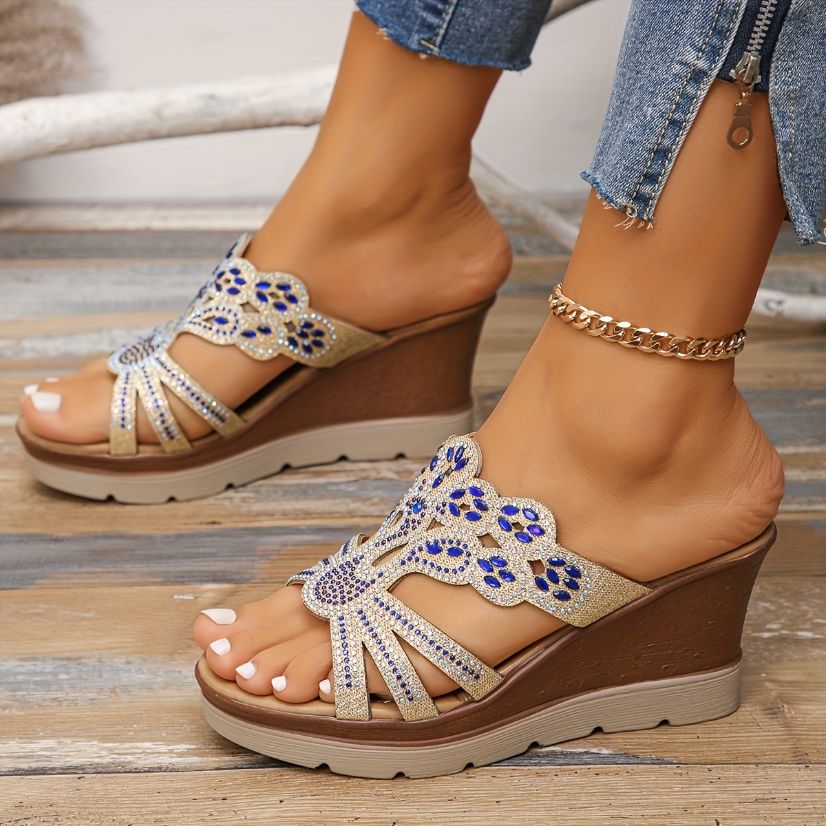 😍Last Day 50% OFF😍 - Women's Rhinestone Decor Wedge Sandals