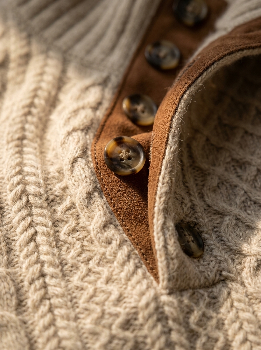 Cashmere Cable-Knit Texture & Suede Placket Macro