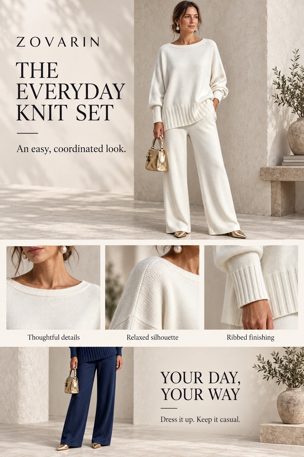 Close-up details of the knit sweater suit collar, cuffs, and drape