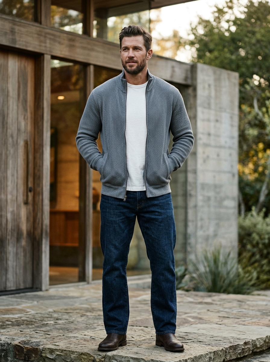 Men's Cozy Waffle-Knit Zip Jacket - Relaxed Fit on Athletic Model