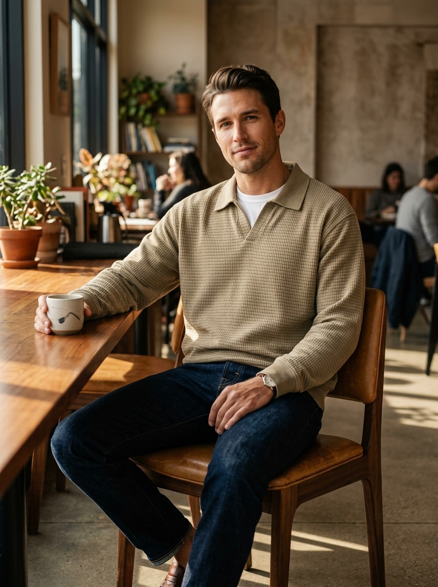 Modern Lifestyle Menswear: Khaki Corduroy Polo Shirt in Sunlit Cafe