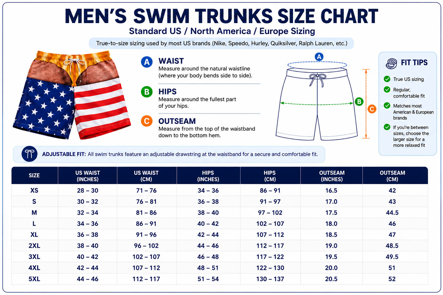Men's swim trunks size chart