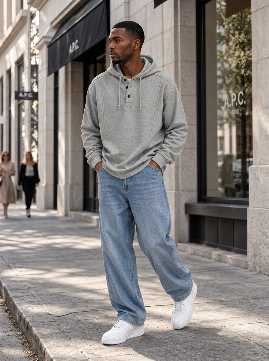 Men's Casual Athletic Long-Sleeve Hoodie - Parisian Streetwear Editorial