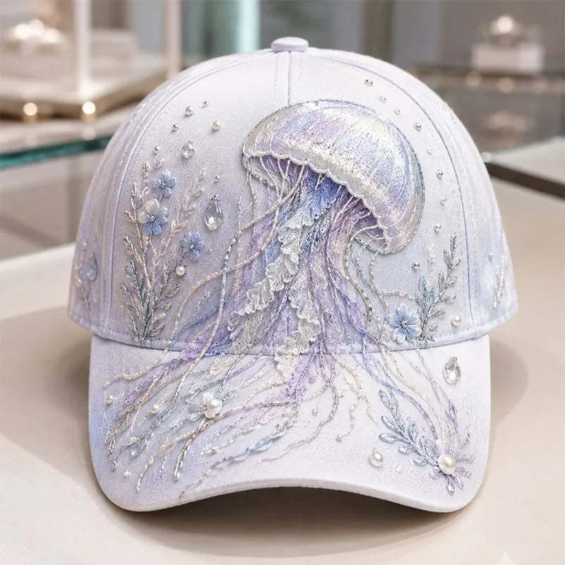 🌊 3D Ocean Creatures Embroidery Cap | Pearl & Crystal Adjustable Hat for Beach, Travel & Everyday Wear