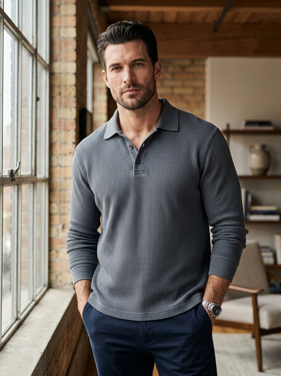 The Verona Waffle-Knit Buttoned Polo - Loose Relaxed Fit on Athletic Model