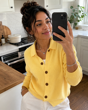 Customer Priya wearing Yellow Cardigan