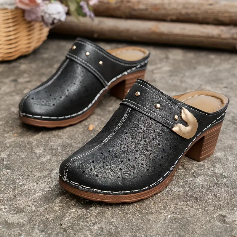 🔥Last Day Promotion 50% OFF - Women's Fashion Flower Pattern Heeled Leather Shoes