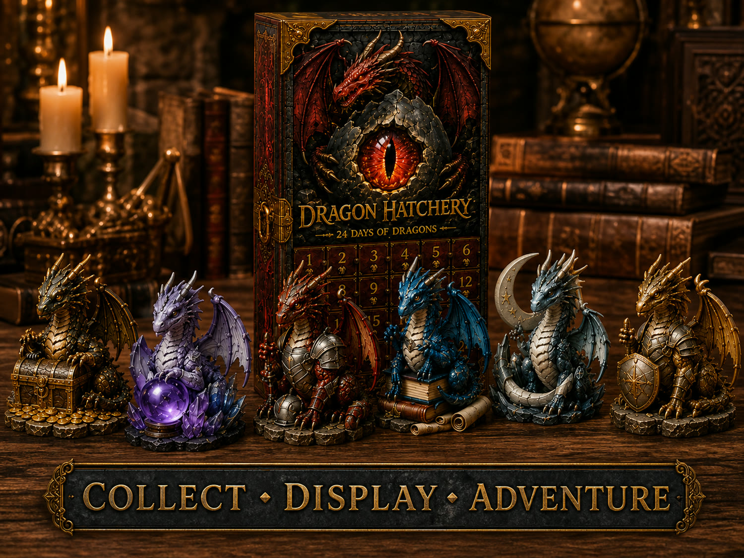 Dragon display on bookshelf and fireplace mantle