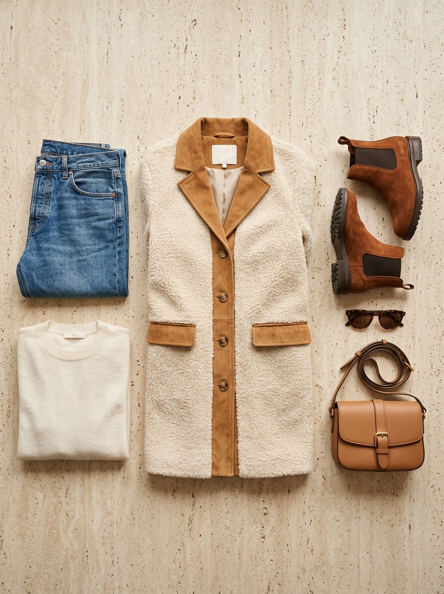 Curated Lookbook Flat-Lay - Sherpa Suede Coat with Denim Jeans, Cashmere Sweater and Chelsea Boots