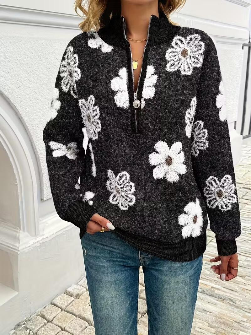 2026 Sping New Floral Pattern Half-zip Pullover Sweater