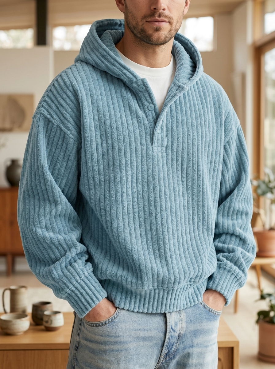 ZOVARIN Men's Corduroy Ribbed Button-Neck Hoodie in Light Blue - Macro Craftsmanship