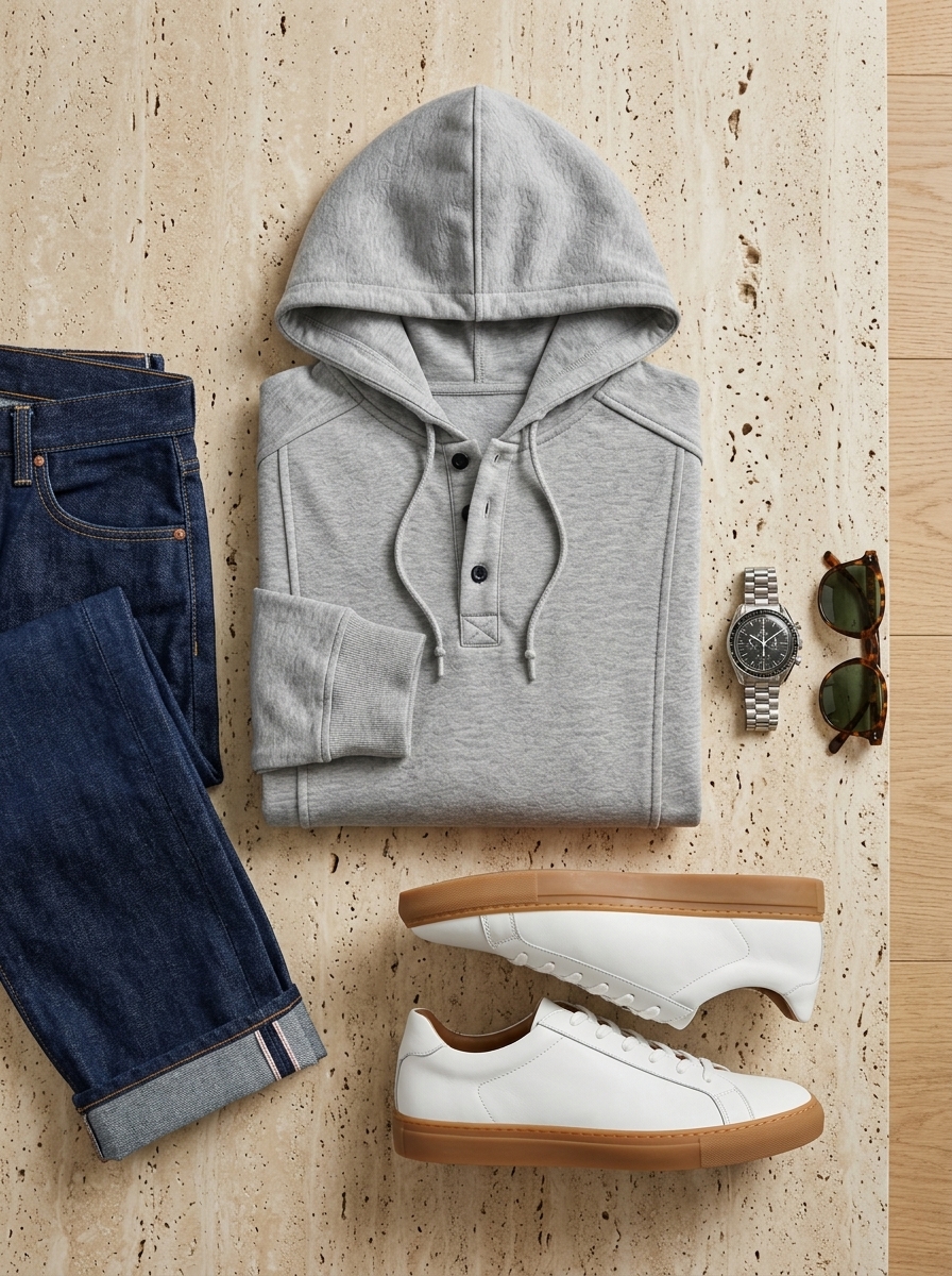 Curated Menswear Lookbook Styling - Athletic Hoodie with Selvedge Denim & Sneakers