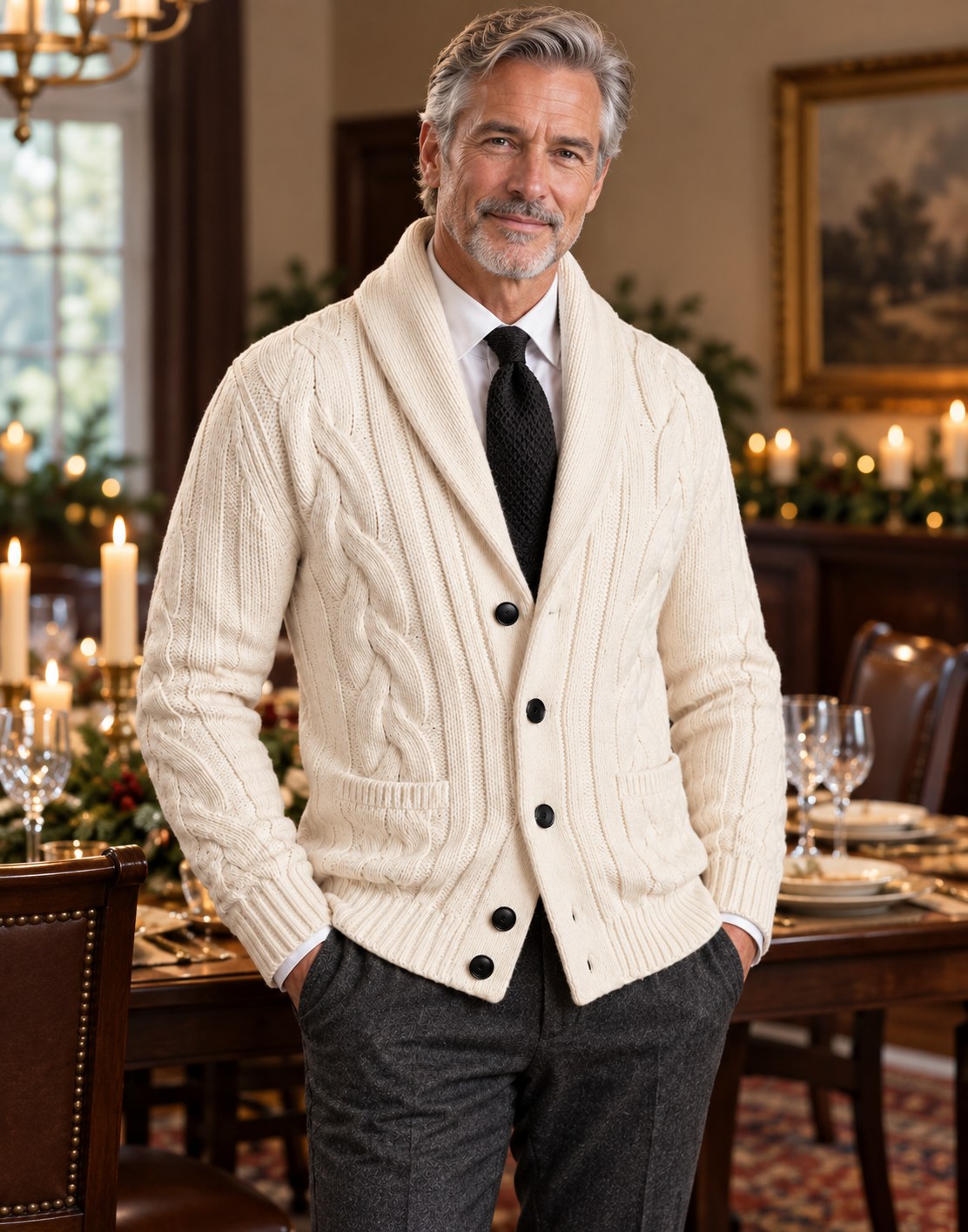 Apricot shawl-collar cable-knit cardigan styled over a white collared shirt and tie on male model