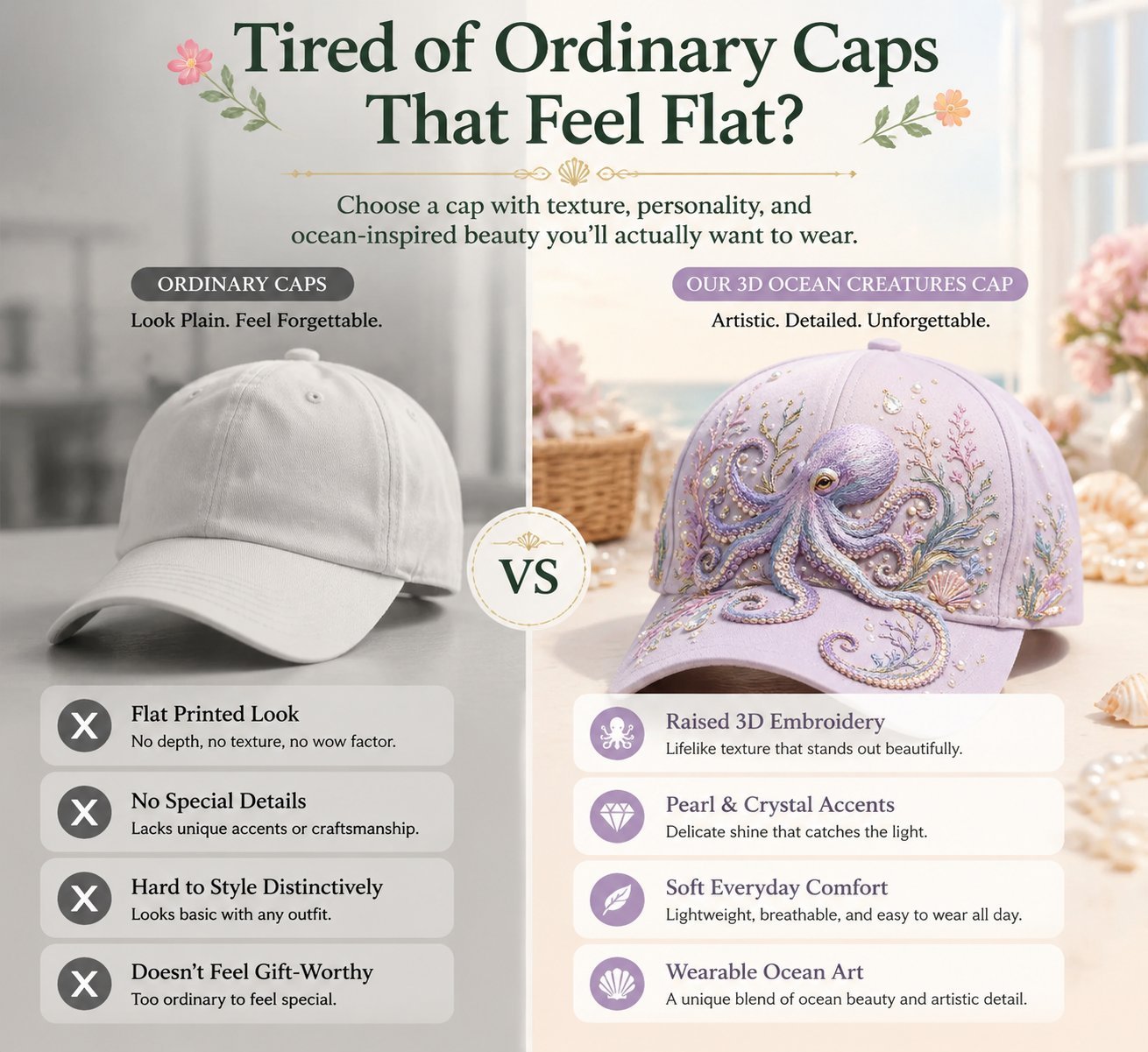 🌊 3D Ocean Creatures Embroidery Cap | Pearl & Crystal Adjustable Hat for Beach, Travel & Everyday Wear