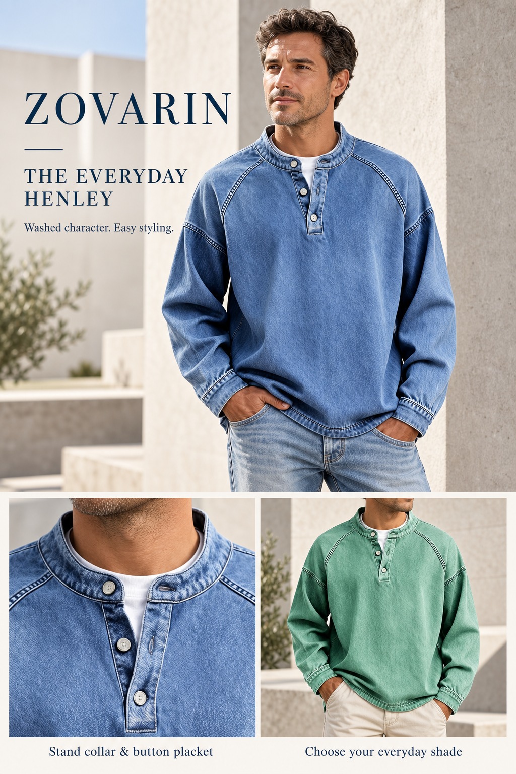 Washed Henley shirt detailing with button placket, raglan seams and stand collar