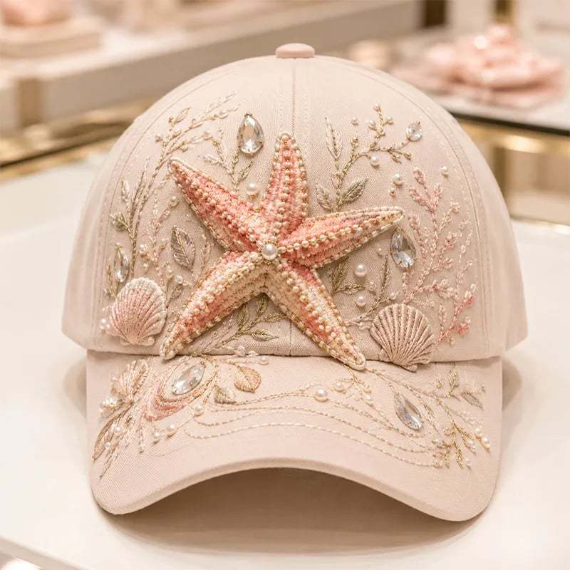 🌊 3D Ocean Creatures Embroidery Cap | Pearl & Crystal Adjustable Hat for Beach, Travel & Everyday Wear