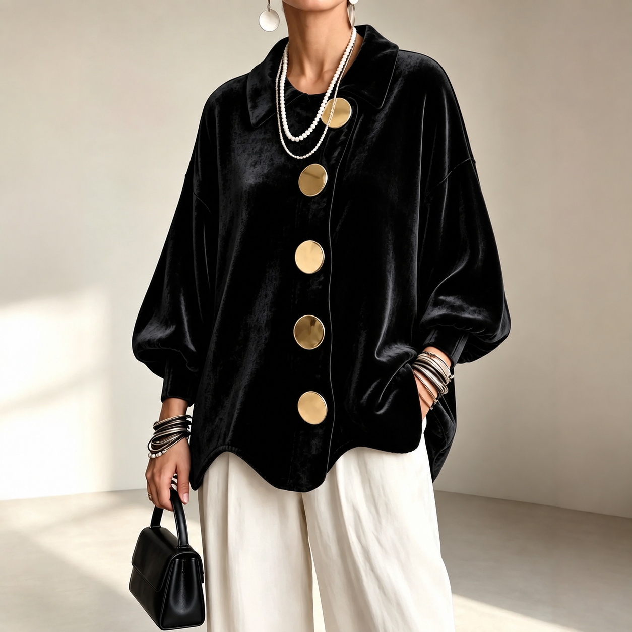 Women's velvet lapel-collar shirt jacket in Black, consistent front pose