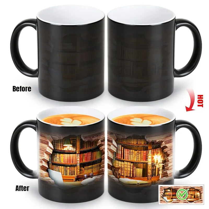 Ceramic Mug with Magical Bookshelf and Heat-Sensitive Effect