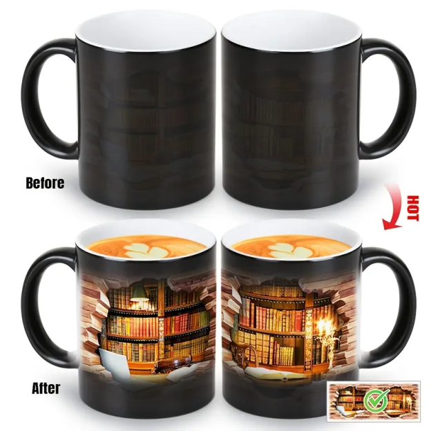 Ceramic Mug with Magical Bookshelf and Heat-Sensitive Effect