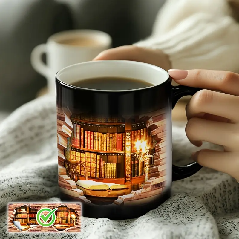 Ceramic Mug with Magical Bookshelf and Heat-Sensitive Effect