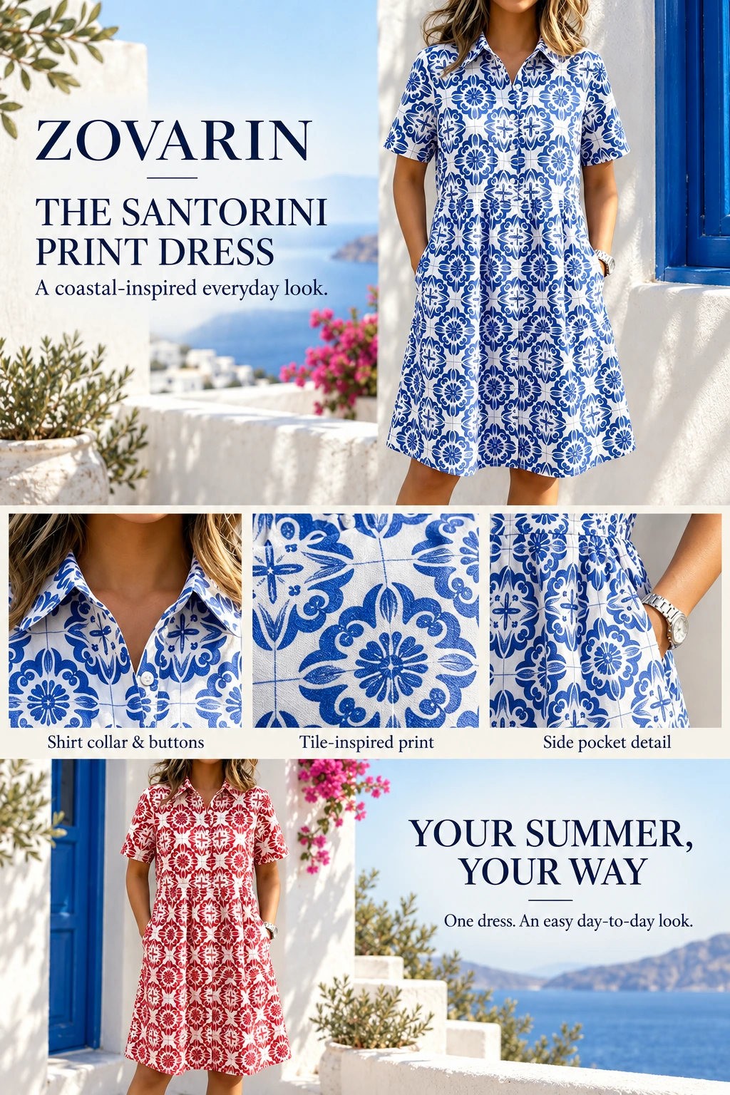 Santorini Inspired Print Shirt Dress
