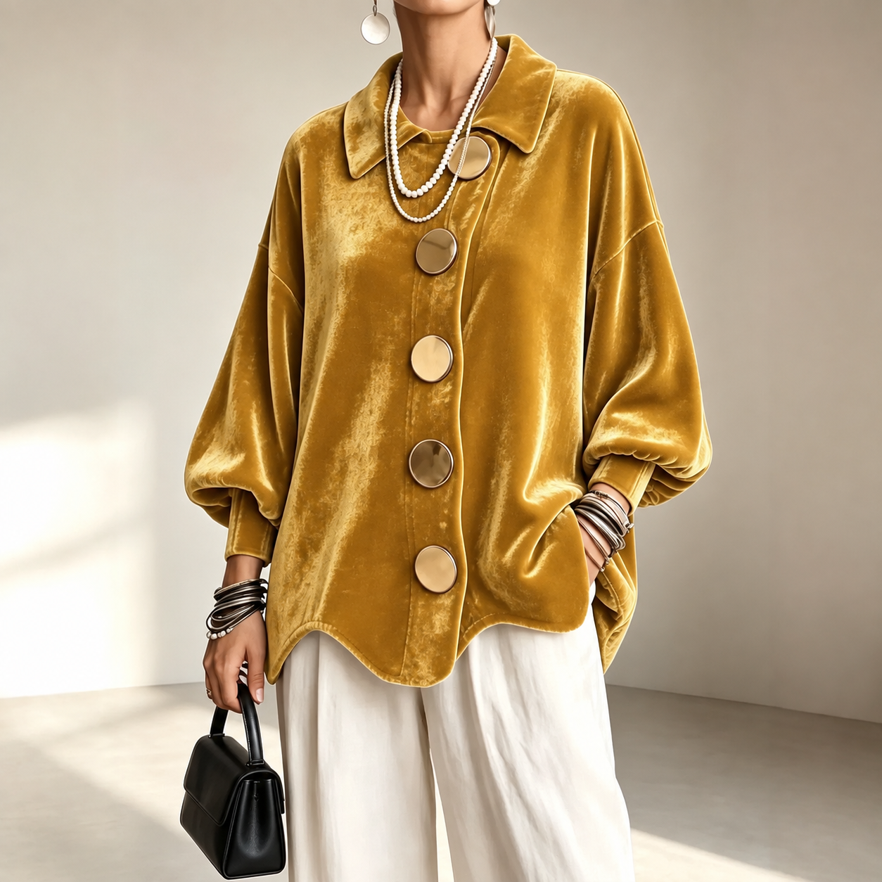 Women's velvet lapel-collar shirt jacket in Gold, consistent front pose