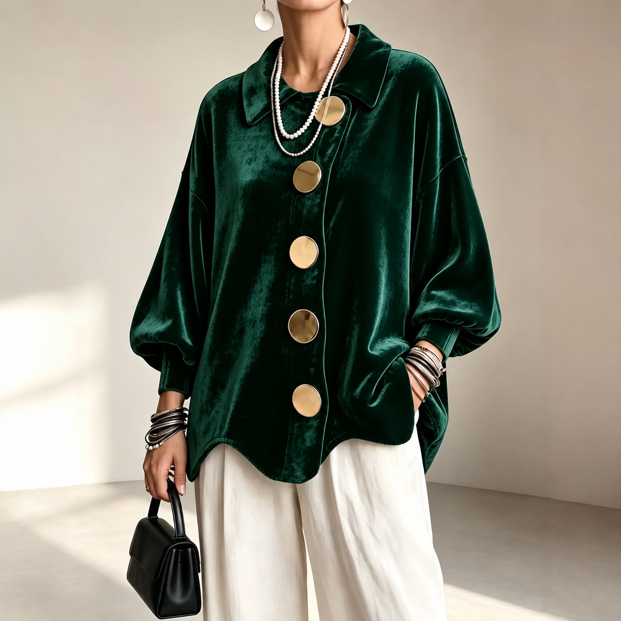 Women's velvet lapel-collar shirt jacket in Green, consistent front pose