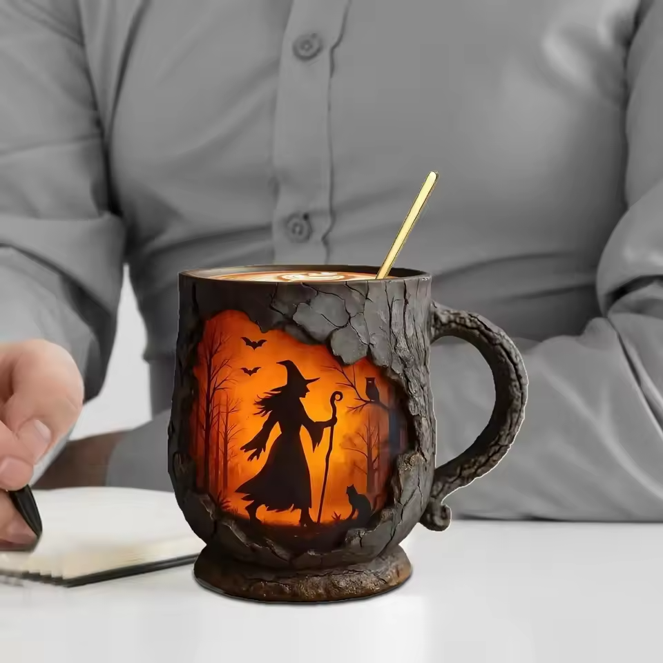 Handmade 3D Halloween Mug – with Witch and Cat Design